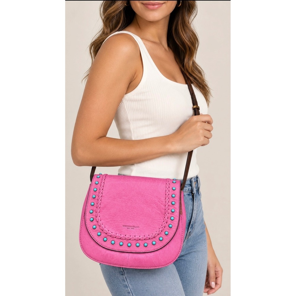 Tignanello Pink Leather Crossbody Bag Turquoise Studded Braided Saddle Bag